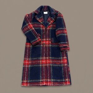 Old Navy Womens S Oversized Plaid Long Coat Navy Red Wool Blend Lined Tartan
